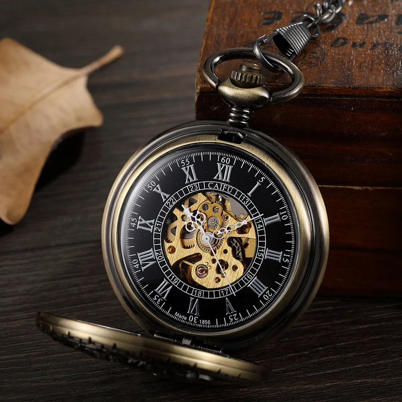 Mechanical Pocket Watch Antique Skeleton Bronze Body Fob Chain 2 Running Horse Engraved Clock with Gift Box for Men Dropshipping