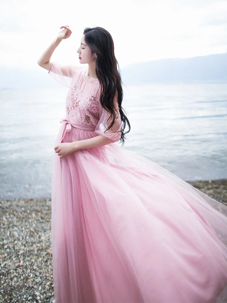 

IRINAMM112 2020SS lace patchwork pink tulle dress long
