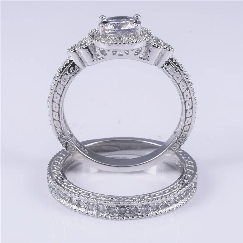 Vintage 925 Sterling Silver 1.5ct Simulated Diamond Ring set 2-in-1 Female jewelry Luxury Wedding Rings For Women size 5-10 | Украшения и