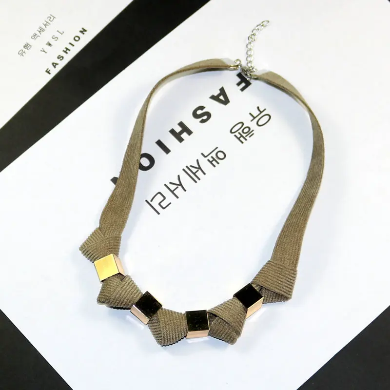 Современное большое Золотое ожерелье с подвесками серая лента шнур застежкой