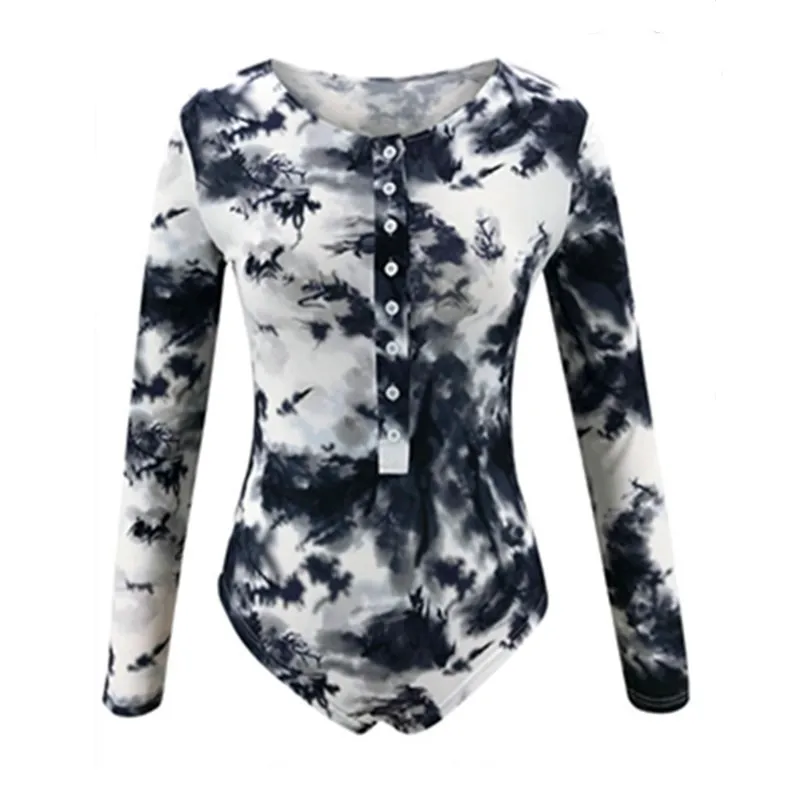 

Sexy Printed Button Waist Long Sleeve Jumpsuit 2020 New Product Autumn Hot Sale Style V-neck Long Sleeve Macaco Black Purple