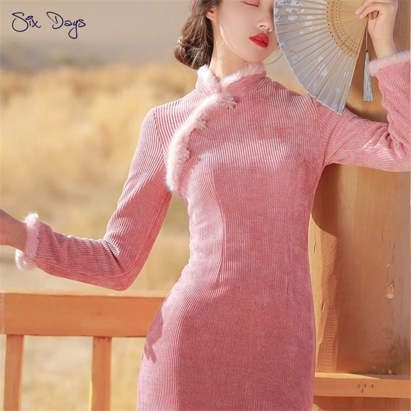 

Chinese Dress Winter Women Thick Cheongsam Sweet Young Girls Qipao Party Princess Wedding Mujer Velvet Short Dresses Pink Fur