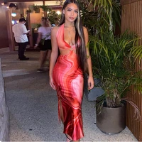 2021 holiday new tie dye hollow v neck ladies summer dress short sling halter robe club clothing bodycon sexy party long dress