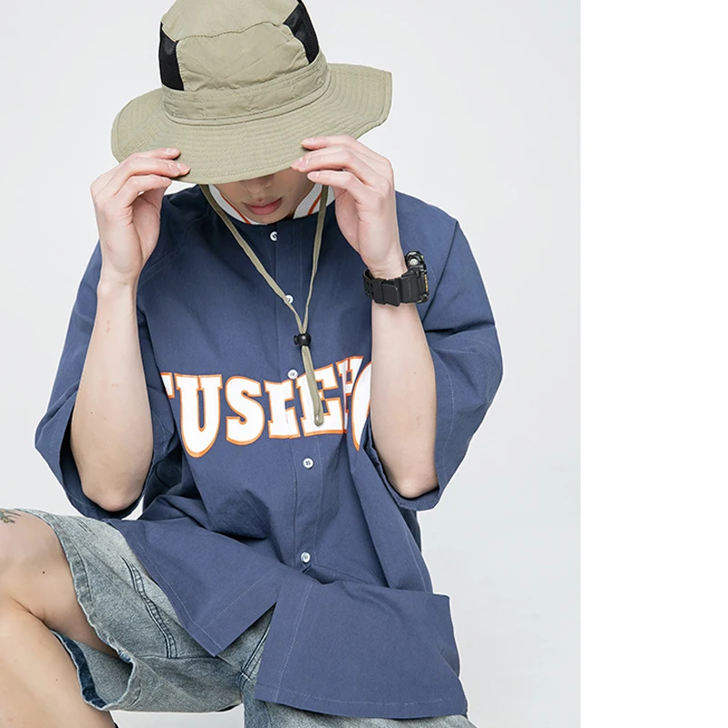 

spring autumn summer Short sleeve Embroidery shirt camisa masculina Men's clothes Harajuku streetwear tops oversized Splicing