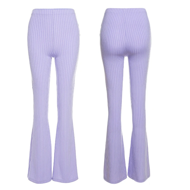 

Women High Waist Wide Leg Pants Ribbed Knitted Flare Bell Bottom Slim Trousers 23GE