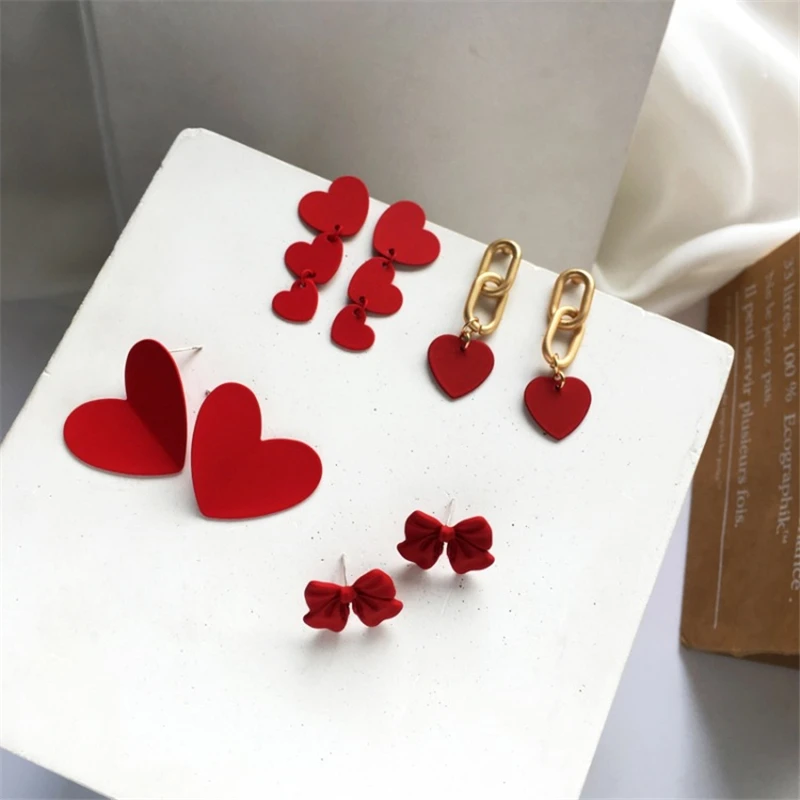 

NEW RUANME Red Heart-Shaped Pendant South Korean Women Sweet Bowknot Earrings With A Pair Of Earrings Jewelry Accessories