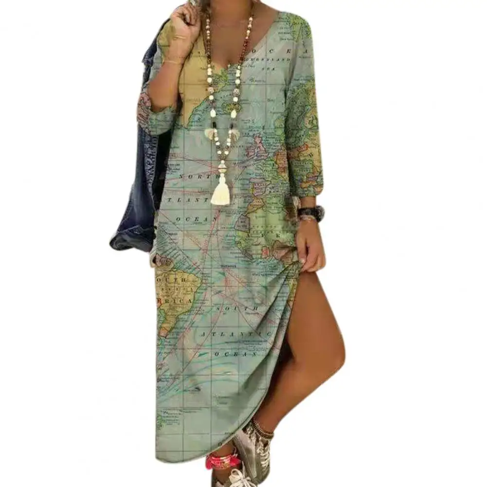 

robe femme Dress Summer dresses World Earth Print V-neck Long Style Female Casual Long Dress Summer dresses vestido de mujer
