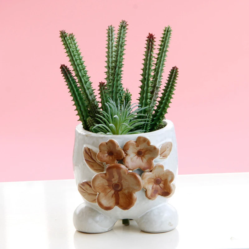 

European Retro Kiln Glazed Ceramic Succulents Flower Pot Cute Embrossed Flower Green Plant Plant Home Decoration Gardening