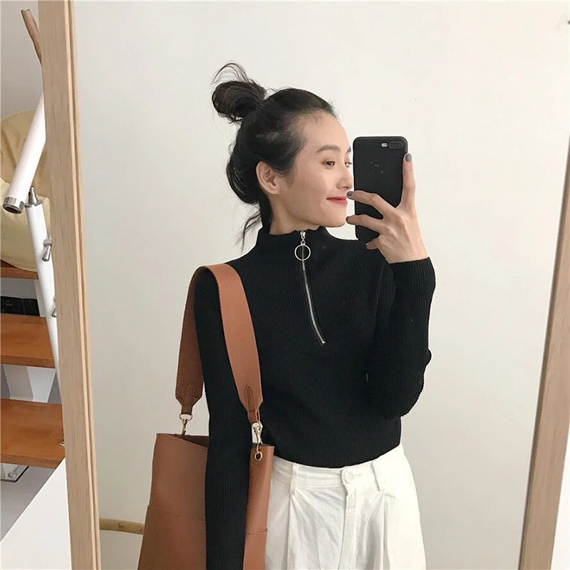 Autumn Winter Sexy Casual Zipper Sweater Women Turtleneck Solid Skinny Elastic Knitted Full Sleeve Female Soft Pullover | Женская одежда