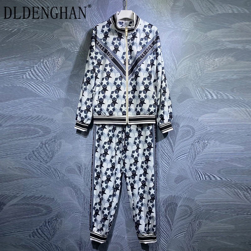 

Модельный дизайнерский летний костюм DLDENGHAN, Женская куртка с воротником-стойкой и длинным рукавом + брюки-карандаш на завязках, комплект из ...