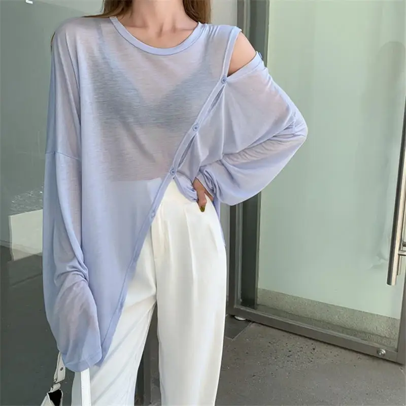 

Летняя однотонная шифоновая рубашка Hzirip с круглым вырезом и разрезом и вилкой, СВОБОДНЫЙ Модный пуловер с длинным рукавом и пуговицами, Пов...