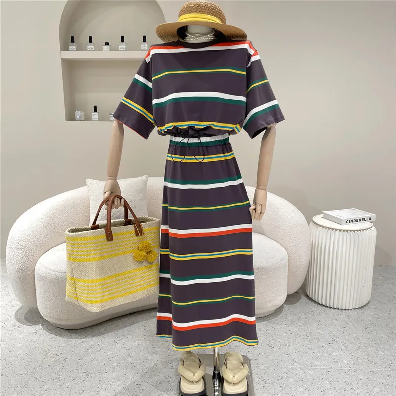 

New Women's Clothing Summer 2021 Slim Top striped T-shirt + A-line Long skirt Two piece set
