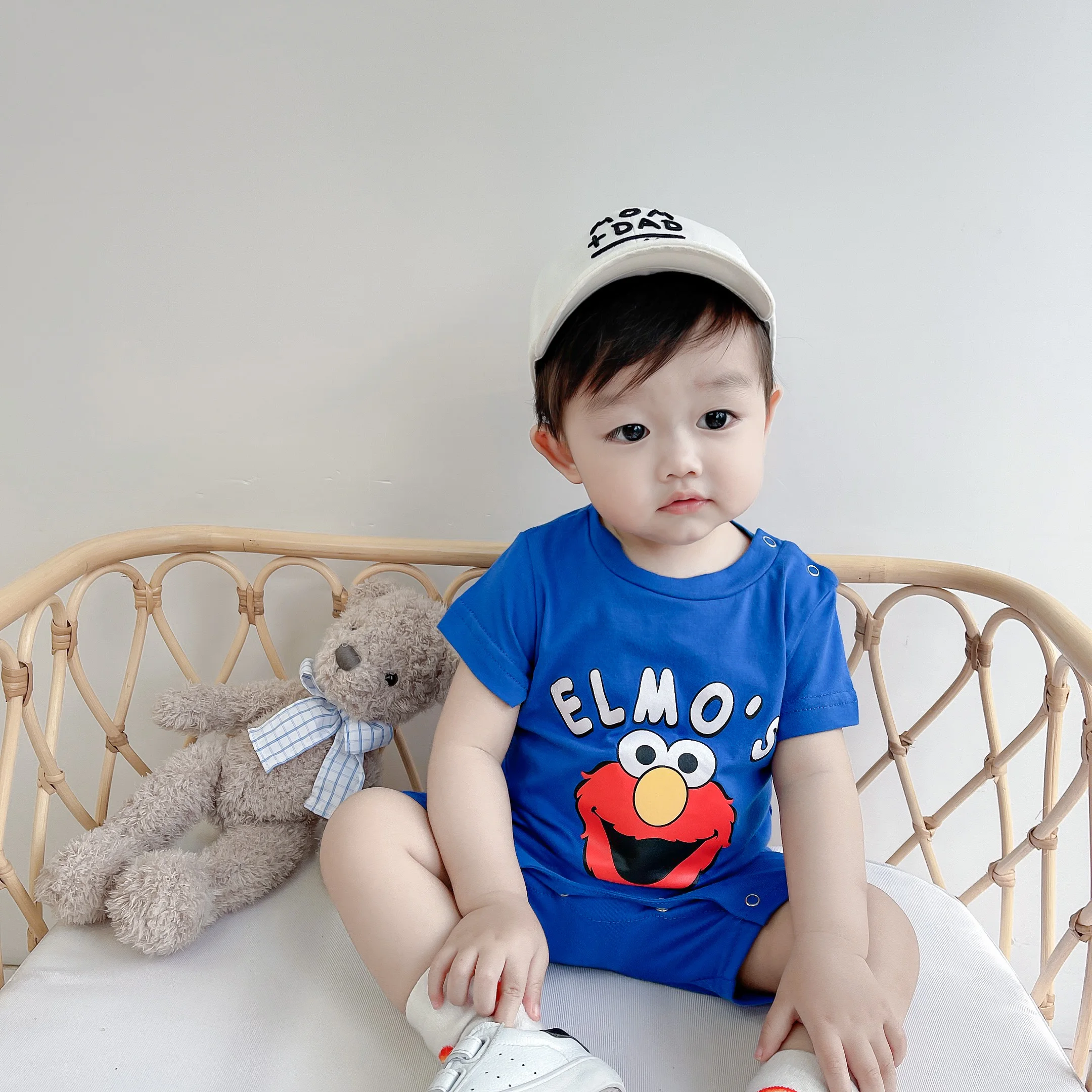 

Детский хлопковый комбинезон ELMO, с мультяшным рисунком, летний спортивный костюм для новорожденных, одежда для мальчиков