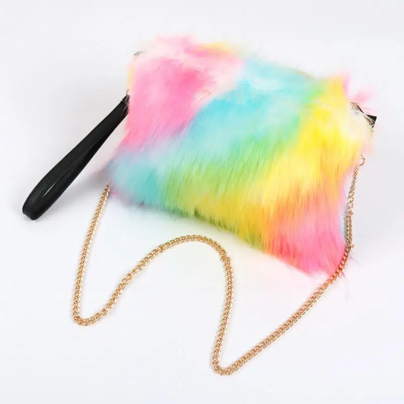 Пушистая сумка Swonco женские сумки через плечо с металлической цепочкой радужного