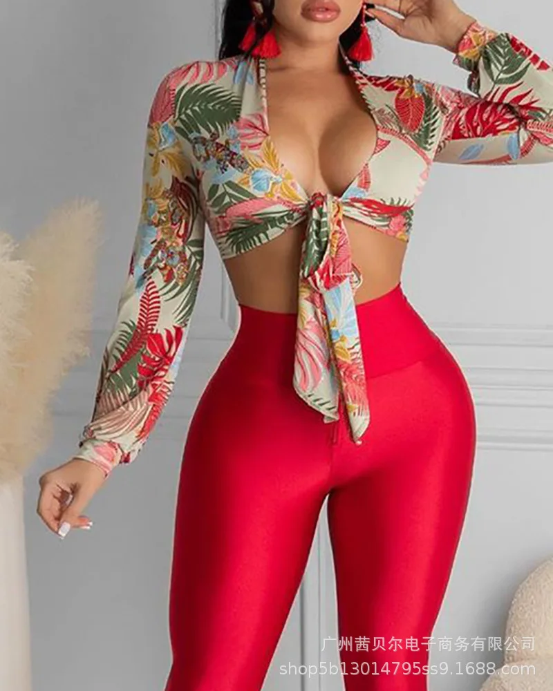 

Mandylandy Women Long-sleeved Top Sexy Fashion Cotton Tight Pant Suit Tropical Palm Leaf Color Print Lace-up Red Trousers