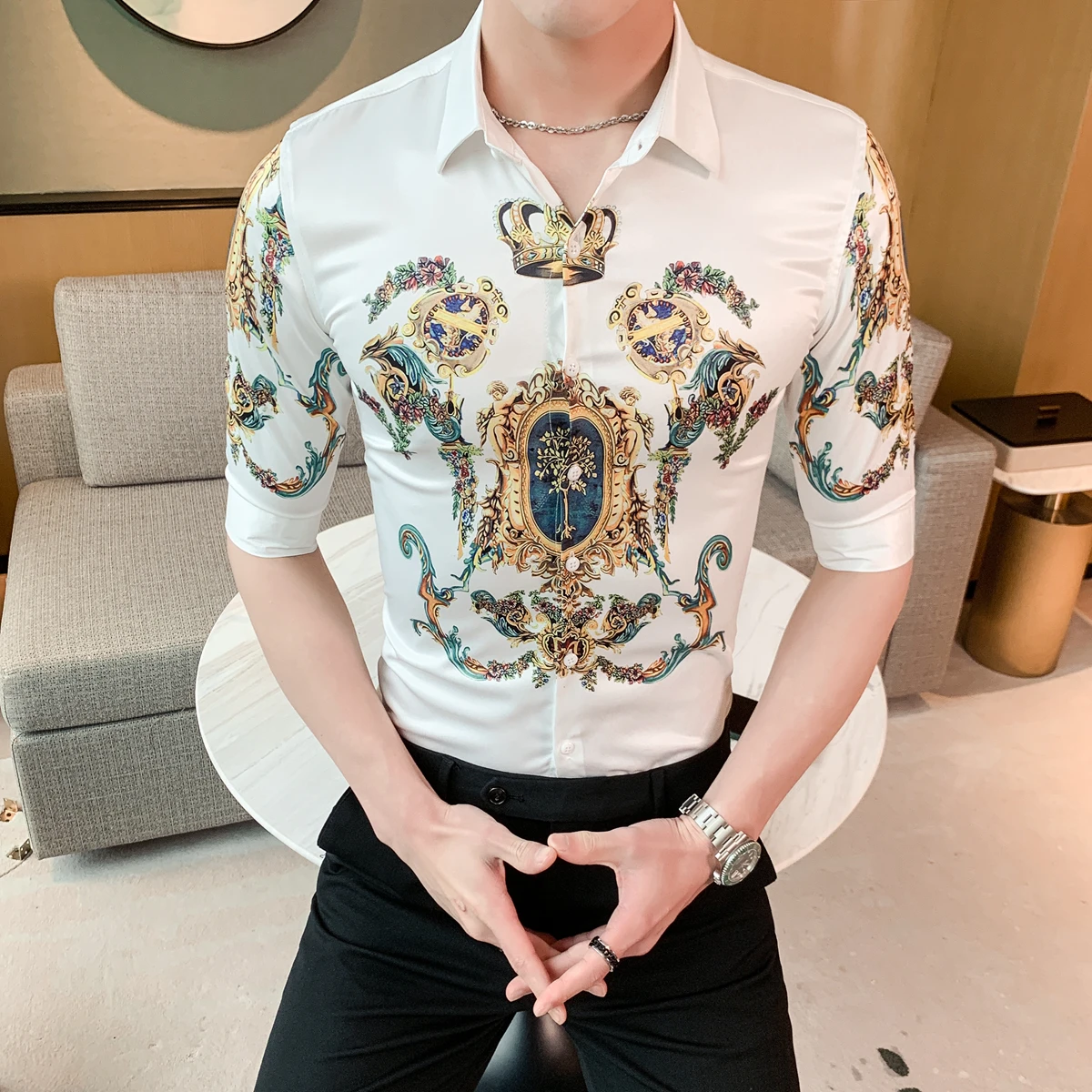 Social Повседневная тонкая рубашка Camisa Masculina роскошная барокко для мужчин 2020 летняя