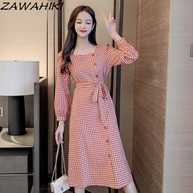 

ZAWAHIKI Vintage Vestido De Mujer Plaid Dress High Waist Fashion Temperament Square Neck Puff Sleeve Femme Robe Women Sashes