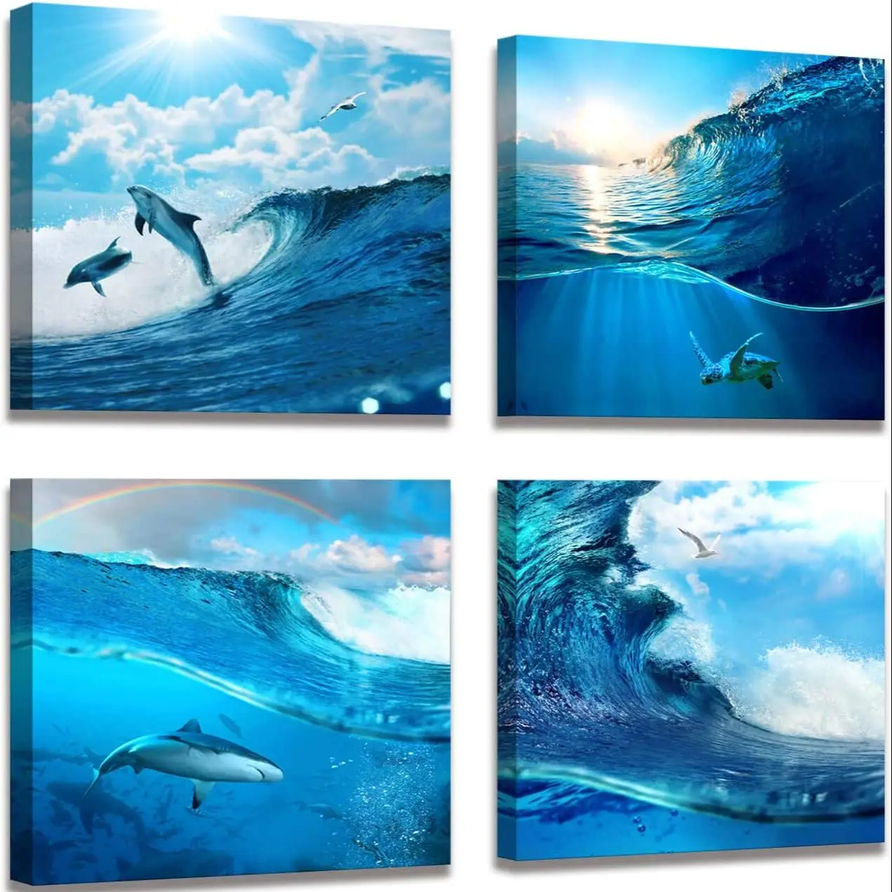 

4 Piece Dolphin Turtle Ocean Wave Beach Seascape Posters Canvas Picture Wall Art Home Decor Paintings for Kids Room Decorations