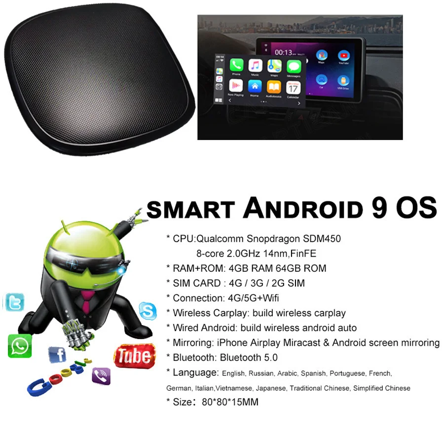 Youtube Netfix Android 9 Qualcomm 4 + 64G Plug N Play Mini Wireless CarPlay Ai Box Для Dodge Durango 2021 2020 GPS-навигация |