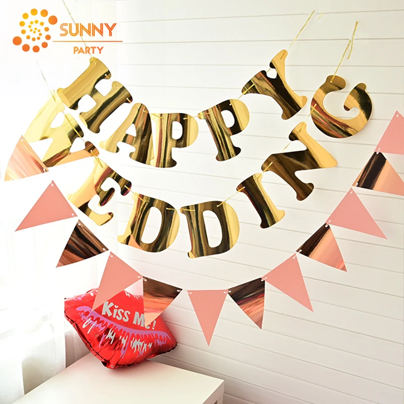 Блестящие золотые буквы Happy Wedding Висячие флажки баннеры вечерние украшения Вымпел овсянка гирлянда Свадебные товары для дня рождения