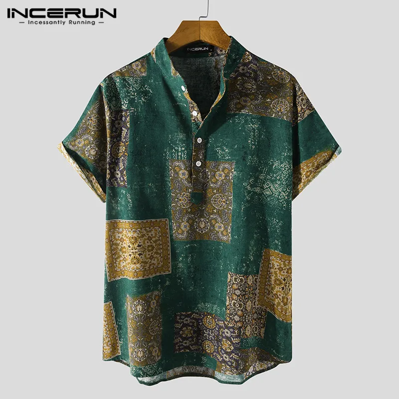 

Men Printed Shirt Cotton Short Sleeve Stand Collar Streetwear Retro Blouse Summer Casual Beach Hawaiian Shirts Men 2021 INCERUN
