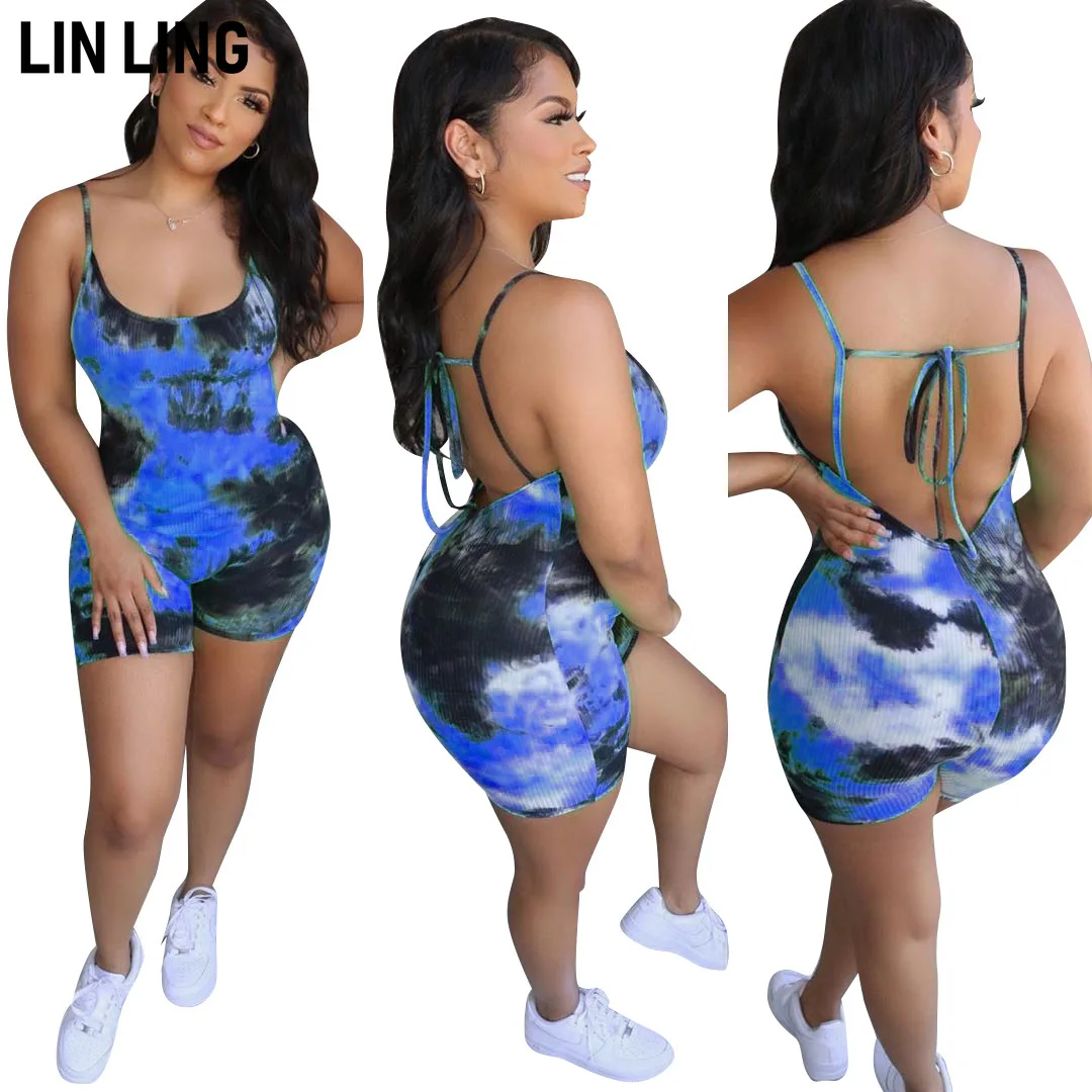 

LINLING Summer Refreshing Tie Dye Printing Sexy Slim Fit Suspender Open Back Bandage Sports Warm Up One-Piece Shorts