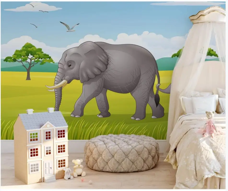 Custom photo wallpaper for walls 3 d Hand drawn cartoon elephant forest green fresh children's room background wall papers |