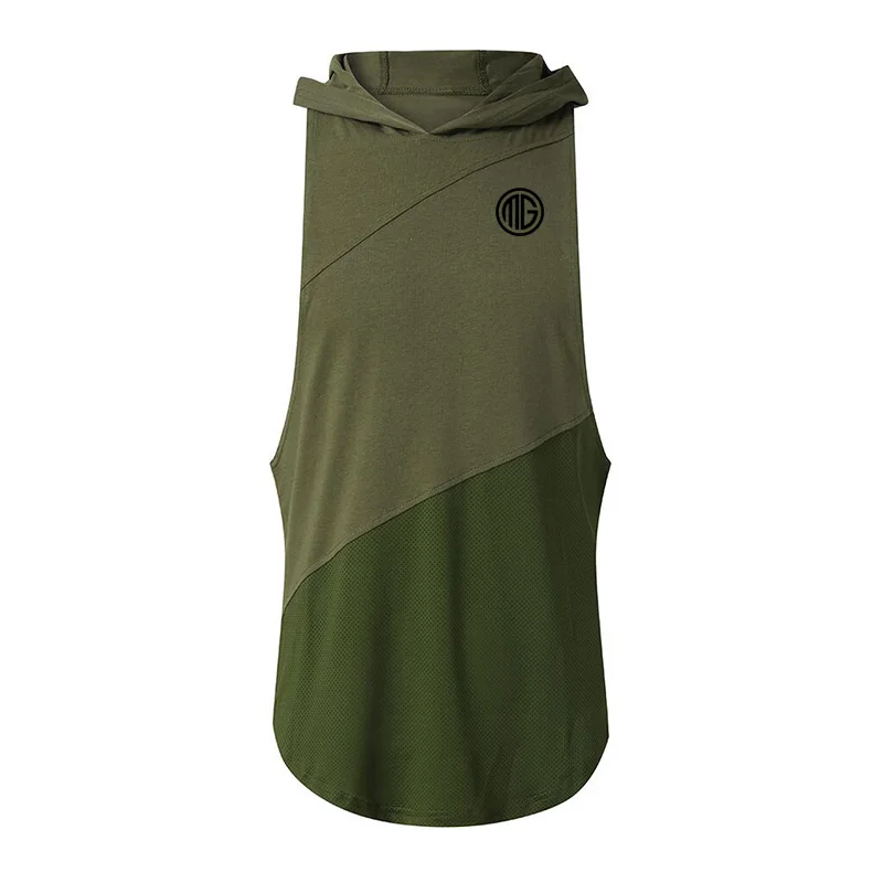 green hooded Бодибилдинг Стрингер майка с капюшоном мужская спортивная одежда фитнес мужские жилеты без рукавов хлопковые майки - Цвет: green hooded