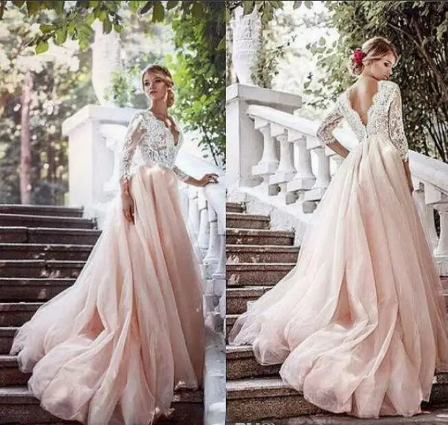 

2020 Newest Blush Pink Country Wedding Dresses with Sleeves Deep V Neck Illusion Top Lace Appliques Colored Tulle Skirt Bridal