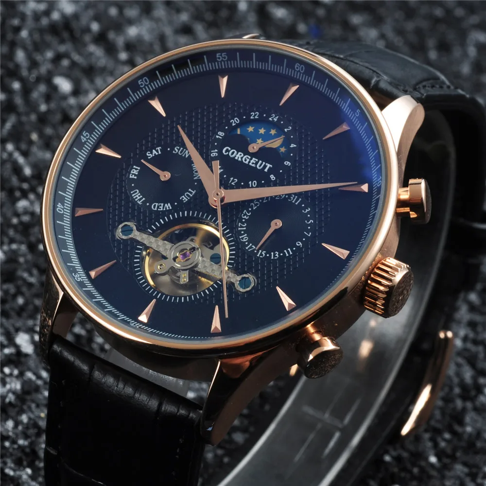 44 мм corgeut moon черный циферблат золотые стрелки розовое золото чехол Дата &amp день