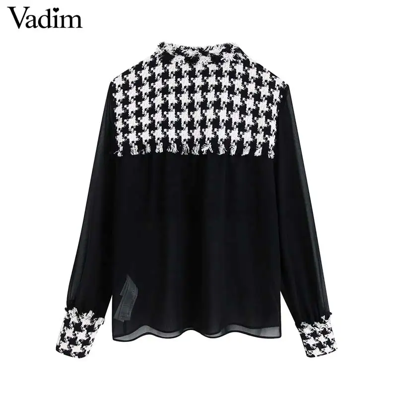 Vadim Женская шикарная Лоскутная Блузка из твида Прозрачная с длинным рукавом