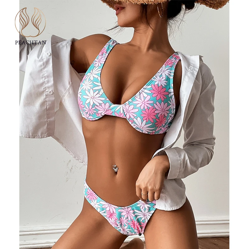 

Peachtan Push up bikinis 2021 mujer Floral print swimwear female Sexy swimsuit women High cut bathing suit beach wear biquini
