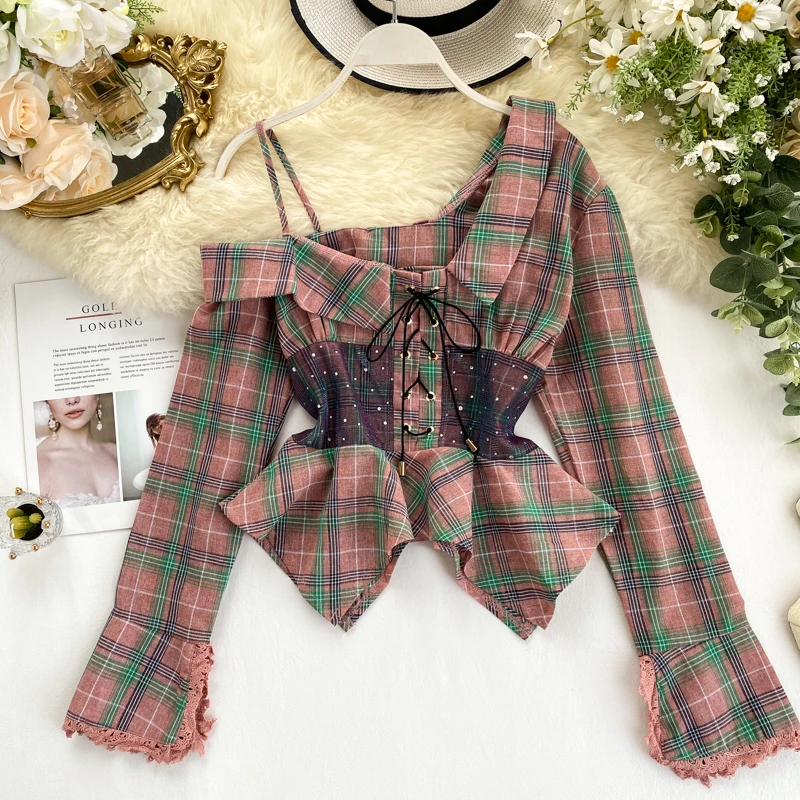Новинка винтажные Женские рубашки в клетку 2020 модные женские блузки на одно