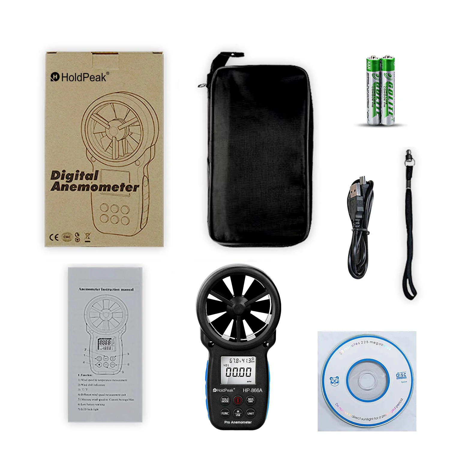 Цифровой анемометр HoldPeak HP-866A/HP-866B/866B-APP измеритель скорости ветра измерение