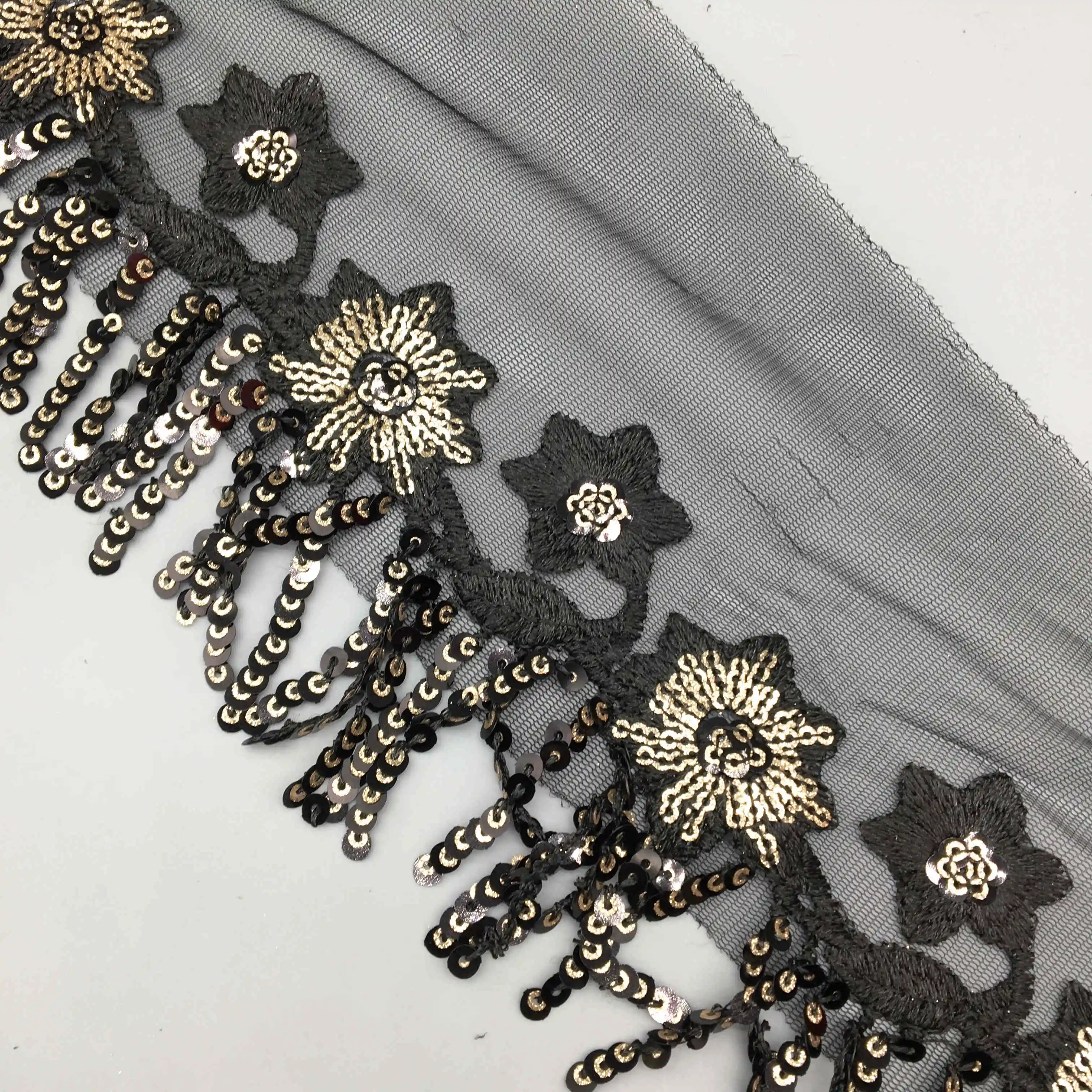 1 ярд черные блестки бисер вуаль кружевная лента блестящая отделка ткань пайетки