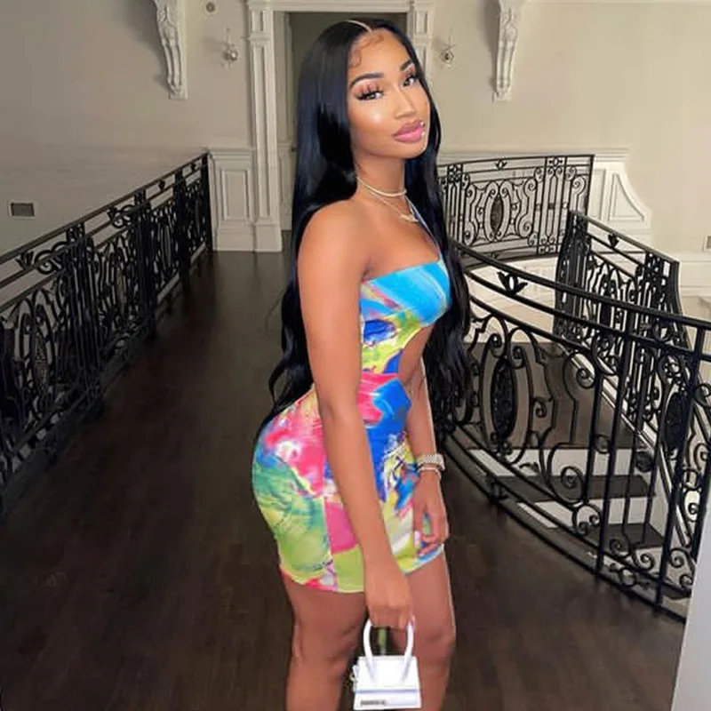 

CIBBAR Tie Dye Print One Shoulder Asymmetrical Dress Sexy Hollow Out Bodycon Summer Dresses For Women 2021 Fashion Club Outfit