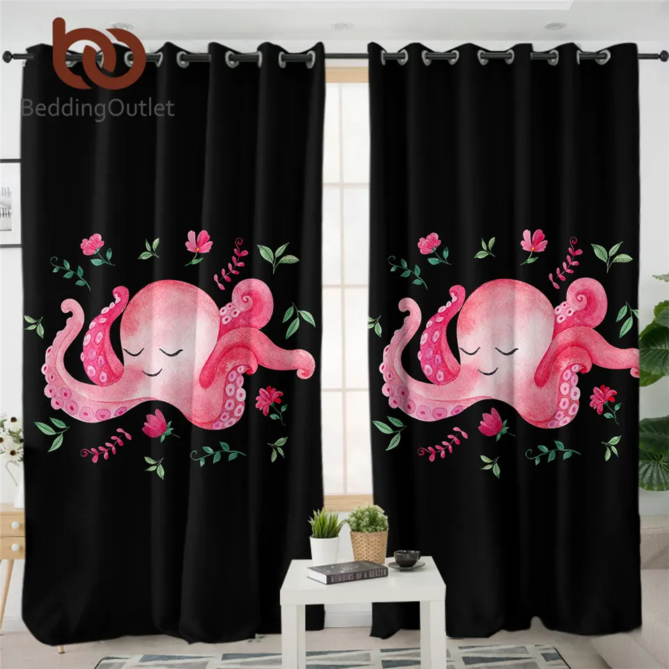 

BeddingOutlet Octopus Curtain for Living Room Animal Blackout Curtains Pink Window Treatment Drapes 1pc Cartoon Flower Cortinas