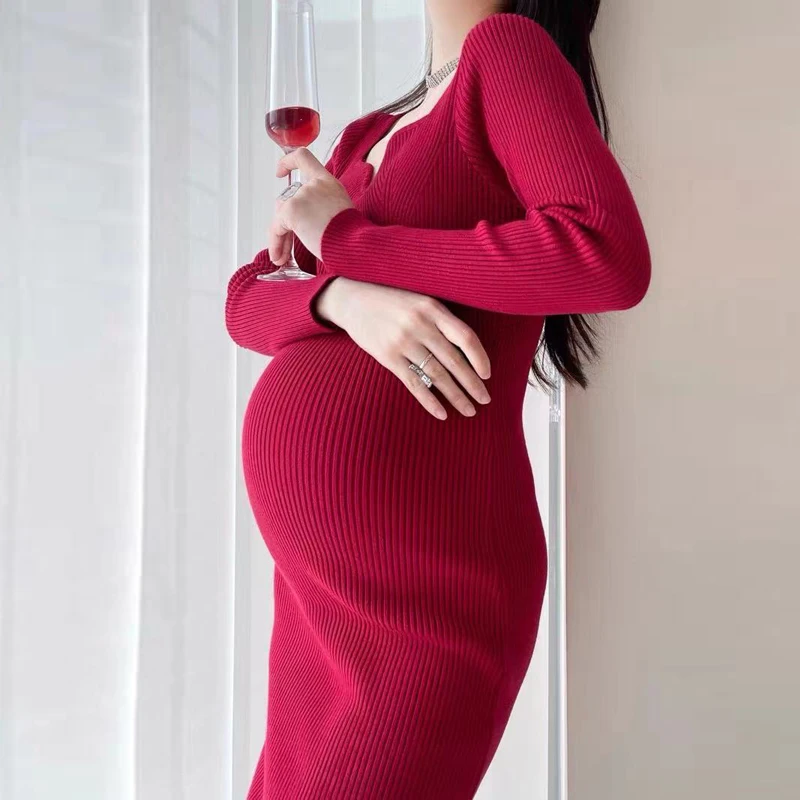 

2289# Autumn Sexy Hot Knitted Maternity Pencil Dress V Neck Charming A Line Slim Clothes for Pregnant Women Chic Ins Pregnancy