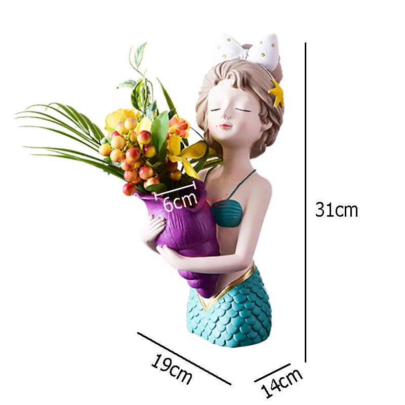 

Painted Mermaid Vase Resin Character Statue Plant Pots Decorative Mermaid Flower Arrangement Vases Living Room Decoration