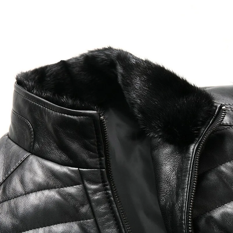 

High Quality Casual Genuine Leather Mens Warm Jackets Fashion Mink Fur Stand Collar Zipper Slim Male Down Coats Plus Size L-6XL