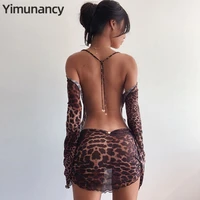 yimunancy leopard print backless dress women long sleeve mesh dress 2021 spring halter transparent sexy club dress vestidos