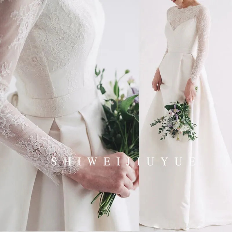 Простое однотонное атласное свадебное платье SHIWEIJIUYUE с длинным рукавом невесты