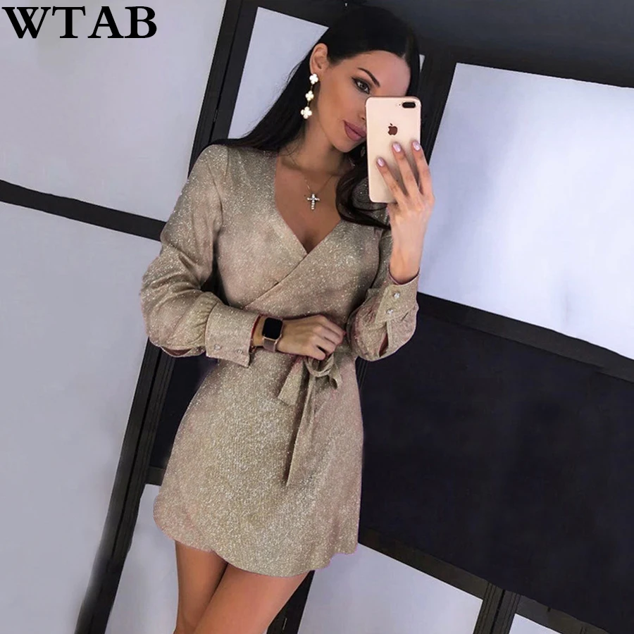 WTAB Новинка 2019 сексуальное мини платье с длинным рукавом и блестящим повязочным