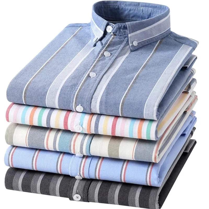 High Quality100% Cotton Oxford Mens Long Sleeve Shirt Casual Regular-Fit Plaid/Striped Man Dress Shirts For Men Business Shirts