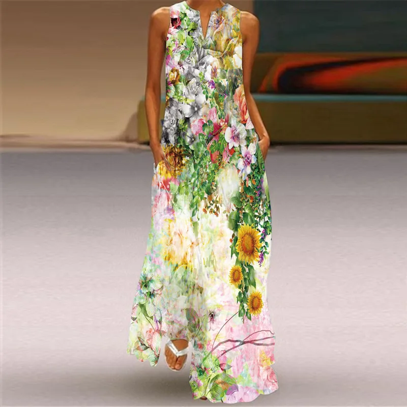 

Donsignet 2021 Summer Fashion Women's Sleeveless Long Dress V-neck Floral Printed Dress Casual Loose Plus Size Vestidos Mujer