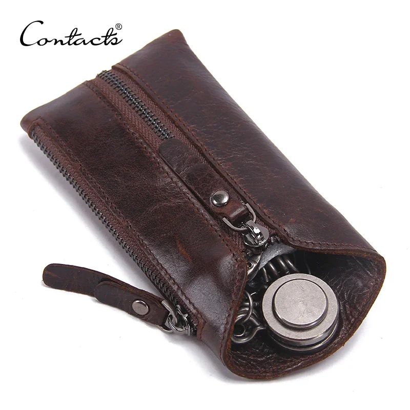 CONTACT'S 100% Genuine Leather Key Wallet Men Car Key Holder Zipper Keys Case Top Quality Male Man Housekeeper Keys Organizer