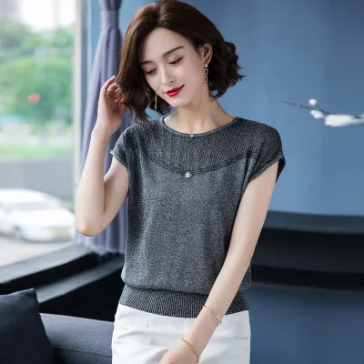 

2021 new fashion T-shirt womens shirt round neck hollow solid color