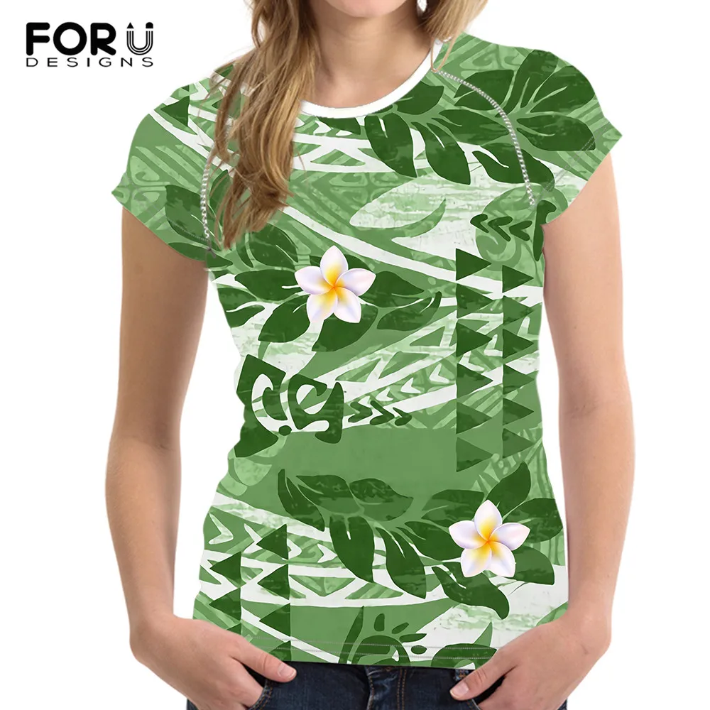 

Женская летняя футболка FOURDEIGNS размера плюс, модные, полинезийские, Гавайские, зеленые листва и Плюмерия, женские повседневные топы, футболк...