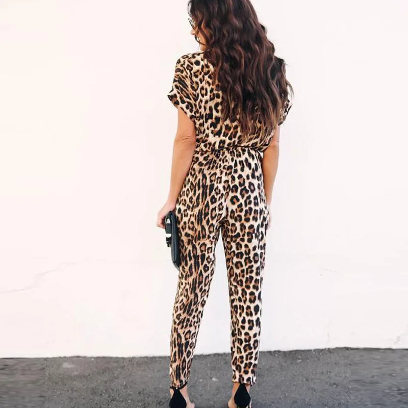 

Women Jumpsuit Leopard Print Short Sleeve Long Pants One Piece Playsuit Streetwear Button V Neck Clothing Casual Romper Overalls