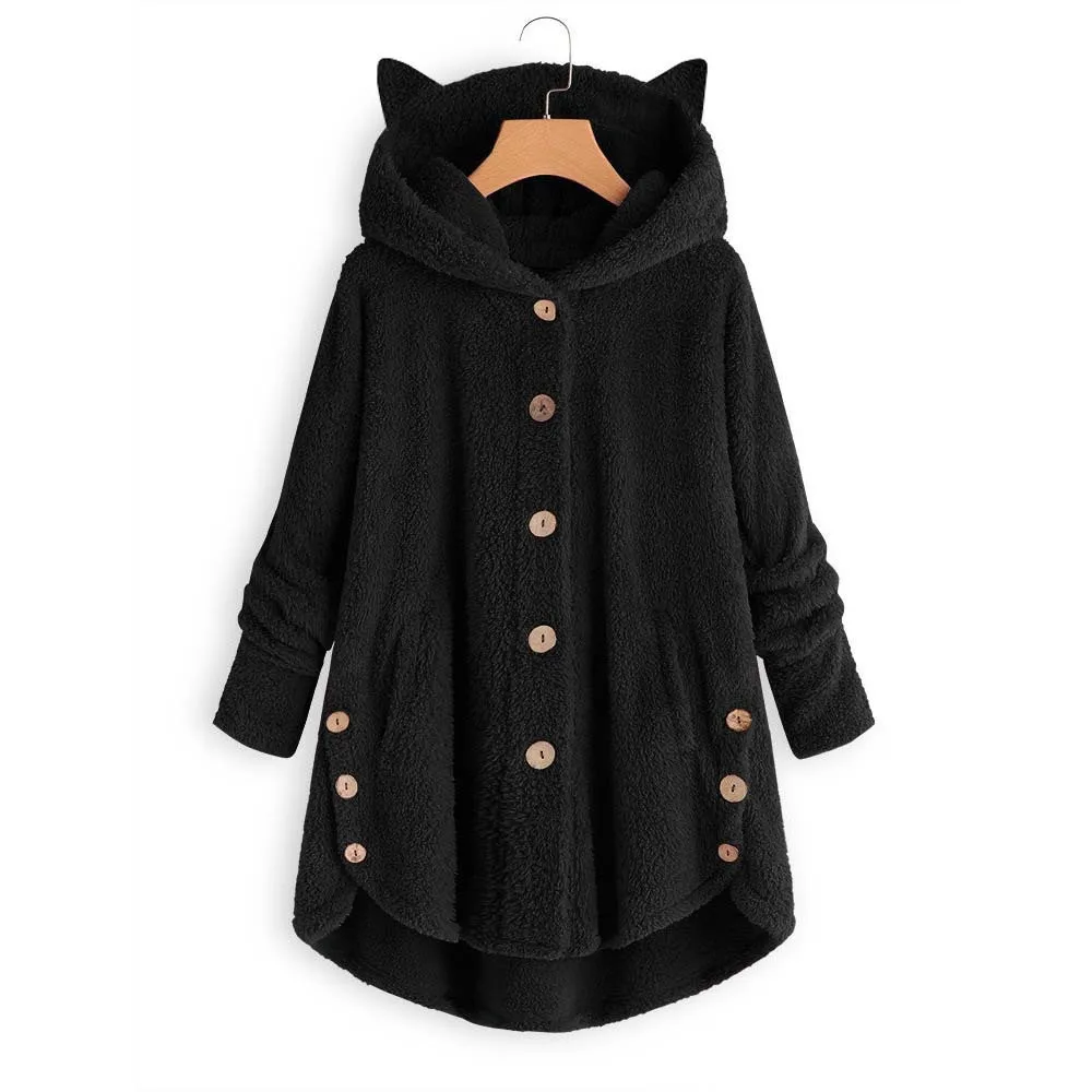 Женское пушистое пальто, свободная толстовка с капюшоном, однотонная зимняя толстовка с капюшоном и кошачьими ушками, флисовые куртки, спор... от AliExpress WW
